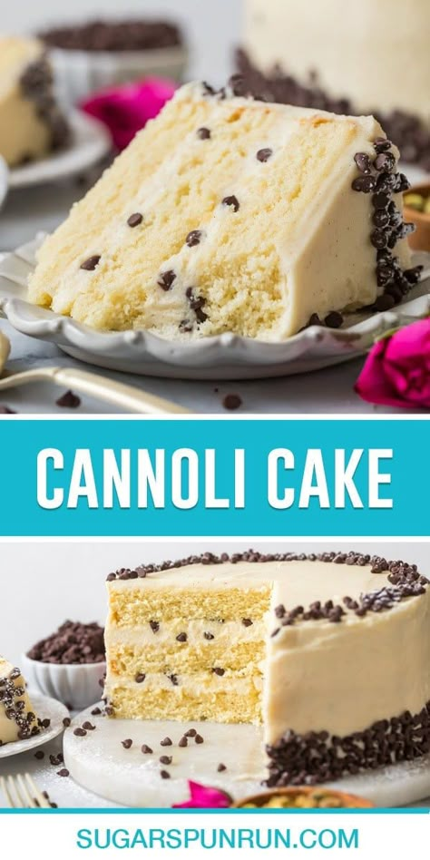 Cannoli Cake - Sugar Spun Run Canolli Cake Recipe, Canola Cake Recipe, Ricotta Cannoli Squares, Italian Cakes Recipes, Easy Cannoli Cake, Cannoli Cake Recipe Easy, Casada Cake Recipe, Cassata Cake Recipe, Cannoli Cake Recipe