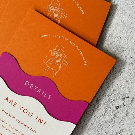 Bright, bold, and brilliantly fun 💥 Wedding invitations for Melanie and Jacob featuring custom wave shapes in vibrant orange, fuchsia, and white 💗🧡 . . . #weddinginvitations #weddinginvites #weddingstationery #weddinginspo #boldbride #funwedding #colourfulwedding #colourfulbride #dailydoseofpaper #sayido #invitations #custominvitations #weddingplanning #2024wedding Wedding Invitation Packaging Ideas, Wedding Invite Colorful, Vibrant Wedding Invitations, Maximalist Wedding Invitations, Wedding Invites Design, Wedding Invitations Orange, Eclectic Wedding Invitations, Bright Wedding Invitations, Quirky Invitations