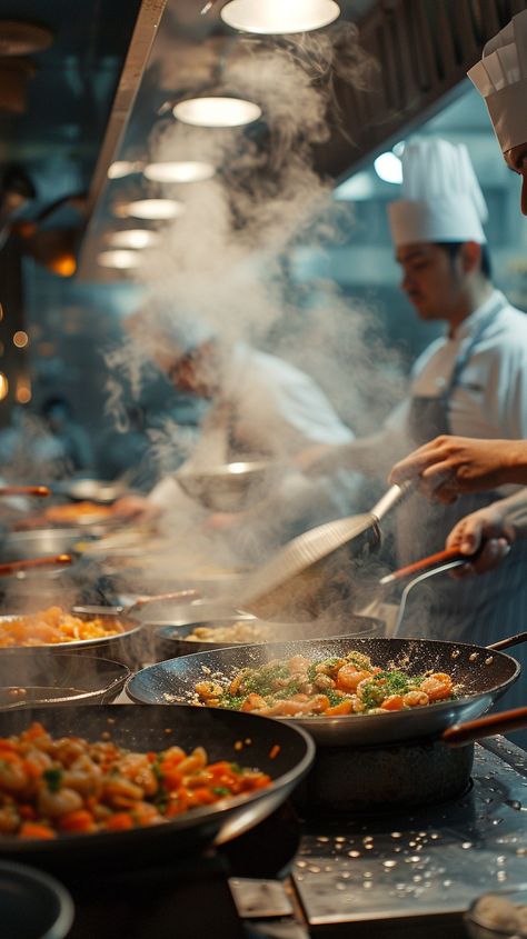 Chefs cooking passionately: Skillful chefs in a bustling kitchen preparing flavorful dishes with intense focus and professional agility. #chef #cooking #kitchen #steam #stir-fry #culinary #art #skill #aiart #aiphoto #stockcake https://ayr.app/l/5xTG