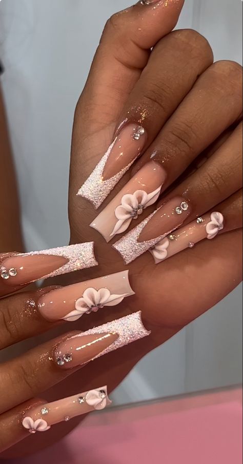 Grad Nails, Nails With Glitter, Glitter French Tips, Acrylic Nail Set, Fancy Nails Designs, Aesthetic Nails, Set Ideas, Nail Idea, French Tips