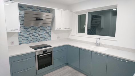 New Wickes kitchen, Esker Azure & Ice. Wickes Esker Azure Kitchen, Wickes Kitchen, Wickes Kitchens, Luxurious Kitchens, Open Plan Kitchen Diner, Gloss Kitchen, New Cabinet, Blue Kitchen, Blue Kitchens