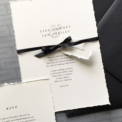 Black Tie Party Invitations, Wedding Invitations Tied With Ribbon, Ribbon Wrapped Invitations, Ribbon Around Wedding Invitation, Ribbon Tied Wedding Invitations, Black Tie Save The Date Ideas, Ribbon Around Invitation, Wedding Invitation Accessories, Formal Wedding Invitations Black Tie