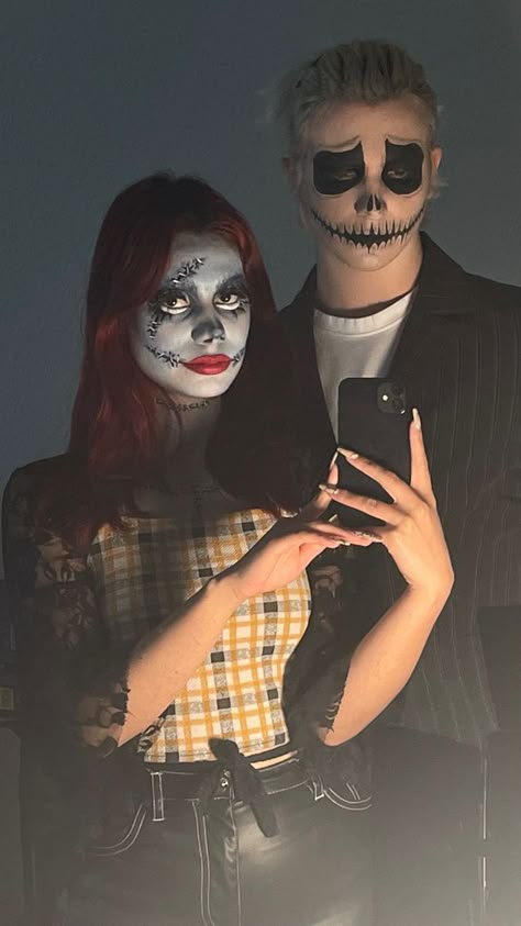 Sally & Jack Skellington  🖤 Corpse Bride And Jack Skellington Costume, Jack Skellington And Sally Halloween Costumes, Sally From The Night Before Christmas, Dressy Couple Halloween Costumes, Jack Skellington Couple Costume, Couple Halloween Costumes 2023 Scary, Jake And Sally Costume, Night Before Christmas Halloween Costume, Sally And Jack Halloween Costume