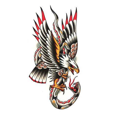 Eagle Snake Tattoo Traditional, Eagle With Snake Tattoo, Old School Eagle Tattoo, Eagle And Snake Tattoo, American Traditional Eagle Tattoo, American Traditional Eagle, Traditional Eagle Tattoo, Eagle Snake, Traditional Tattoo Drawings