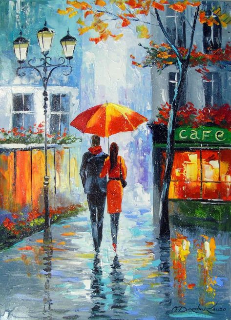 Acrylic Couple Painting, Watercolor Course, Walking Water, Romantic Walk, Umbrella Painting, People Painting, Baba Image, Umbrella Art, Colour Painting