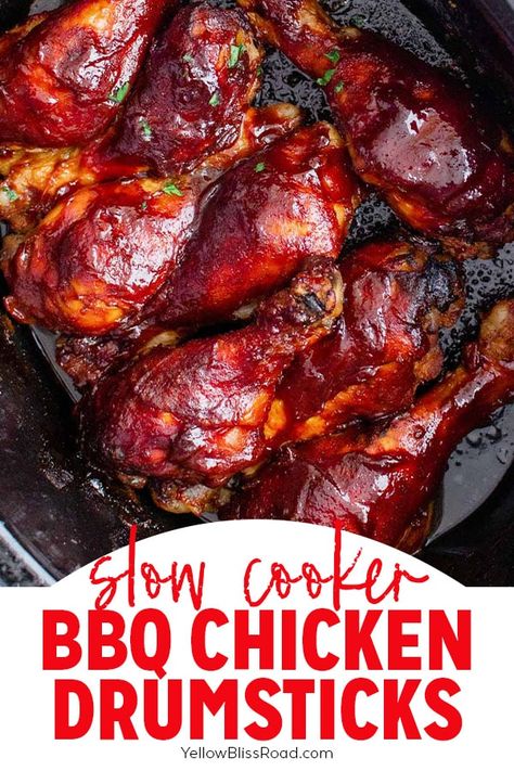 Slow Cooker BBQ Chicken Drumsticks are tender and juicy and practically hands off. Brush on some BBQ sauce and broil for the perfect finishing touch. Chicken Drumstick Recipes Dutch Oven, Crockpot Bbq Chicken Drumsticks, Crock Pot Barbeque Chicken, Crockpot Drumsticks, Bbq Foods, Bbq Chicken Drumsticks, Chicken Batter, Bbq Chicken Legs, Easy Bbq Chicken