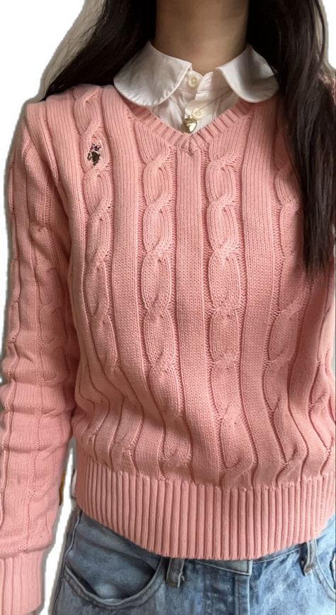 Pink Cable Knit Cardigan, Womens Polo Outfit, Coquette Knit Sweater, Ralph Lauren Coquette, Us Polo Assn Outfit, Pink Polo Sweater Outfit, Pink Sixth Form Outfits, Polo Cable Knit Sweater Outfit, Preppy Pink Clothes