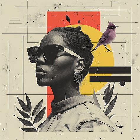 A surreal and quirky art collage featuring a person in sunglasses with a bird perched on their head, surrounded by abstract shapes.  #ArtsyAF #SurrealVibes #QuirkyArt #CollageMagic #OrangeSlicePortrait #FlowerPower #ProfilePicGoals #ArtisticVision #PinterestInspo #CreativeCollage #collage Portrait Graphic Design, Abstract Self Portrait, Collage Examples, Surrealism Collage, Beach Collage, Instagram Grid Design, Surreal Collage Art, Graphic Design Posters Layout, Face Collage