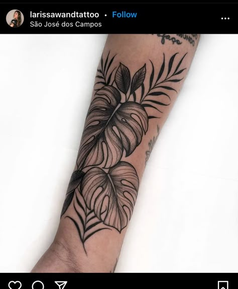 Black Silouette Tattoo, Sunflower And Leaves Tattoo, Forearm Plant Tattoo Women, Aroid Plant Tattoo, Tropical Wrist Tattoo, Plant Sleeve Tattoo Women, Monstera And Fern Tattoo, Monstera Forearm Tattoo, Palm Leaf Tattoos For Women