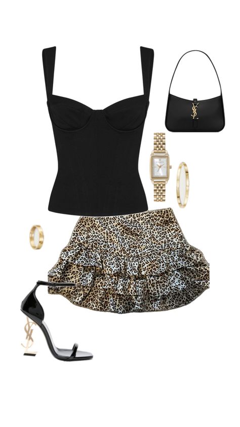 #fit # goingoutoutfit #yslheels #yslbag #black #leopardprint Party Outfits Night, Ibiza Outfits, Girl Fashion Style, Clubbing Outfits, Casual Preppy Outfits, Fresh Outfits, Night Out Outfit, Causual Outfits, Casual Style Outfits