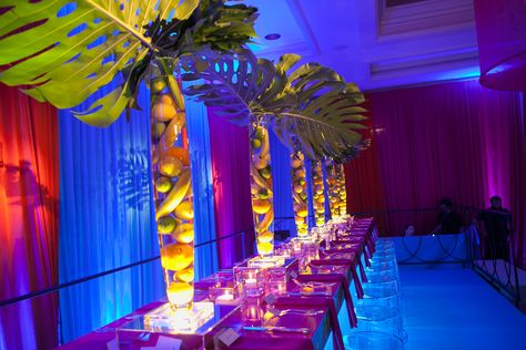 Posted by Paulette Wolf Events - 1165 N Clark St, Suite 613  #elevatedseating #palmtree #centerpieces #batmitzvh #decor #fourseasons #batmitzvah #birthday #celebration #tropical Havana Nights Party, Bat Mitzvah Themes, Tropical Theme Party, Mitzvah Decor, Bat Mitzvah Party, Prom Themes, Candle Lighting, Luau Theme Party, Birthday Goals