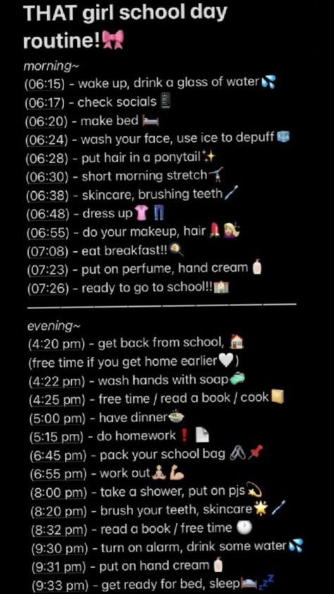 THAT girl school routine, u can use this anytime! and remember, this is only for a school Day! School Morning Routine 5 Am Leave At 7 30, School Routine Leave At 8, School Morning Routine For Kids, Afterschool Routine Highschool, School Checklist Middle School, Morning Before School Routine, After School Routine 4:00, School Routines For Middle School, Perfect After School Routine