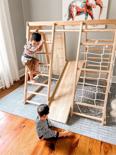 Montessori Jungle Gym, Slide In Playroom, Playroom Jungle Gym, Indoor Jungle Gym Diy, Jungle Gym Playroom, Diy Jungle Gym, Indoor Toddler Gym, Indoor Gym For Kids, Diy Indoor Playground