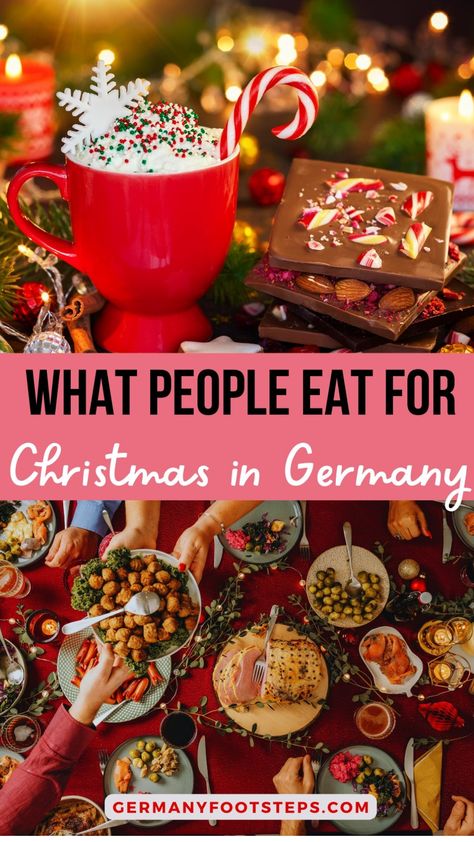 Christmas treats and a festive dinner spread on a table, captioned "What People Eat for Christmas in Germany". German Christmas Table Decorations, Christmas In Germany Traditions, German Christmas Food Dinner, Traditional British Christmas Dinner, German Christmas Food Traditional, Traditional German Christmas Dinner, German Breakfast Traditional, German Christmas Meal, Traditional Christmas Meal