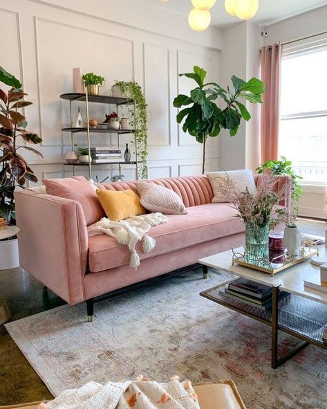 Blush Sectional Living Rooms, Pink Couch Boho Living Room, Velvet Pink Couch Living Room Ideas, Pink Couch Living Room Ideas Bohemian, Rose Couch Living Room, Pink Couch Office Ideas, Midcentury Glam Interior Design, Light Pink Sofa Living Room Ideas, Pink Couch Office