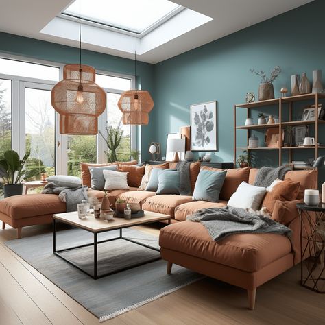 Terracotta And Turquoise Living Room, Terra Cotta And Teal Living Room, Blue Terracotta Living Room, Teal And Terracotta Living Room, Blue And Orange Living Room Color Scheme, Blue And Terracotta Living Room, Living Room Designs Blue, Post Modern Living Room, Home Lounge Room