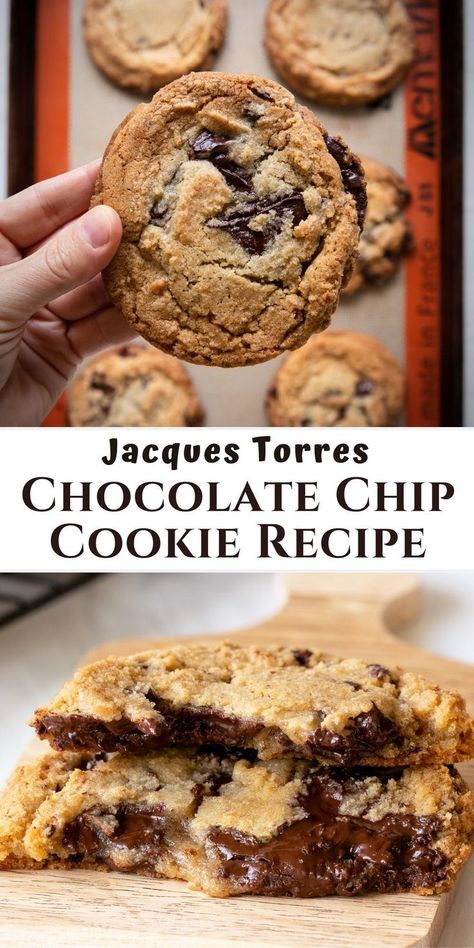 jacques torres chocolate chip cookies on pan and cut in half. Jacques Torres Chocolate Chip Cookie Recipe, Torres Chocolate Chip Cookies, 72 Hour Chocolate Chip Cookie, Jacque Torres Cookies, French Chocolate Chip Cookies, Jaques Torres Chocolate Chip Cookies, Original Cookie Company Recipes, Crunchy Outside Soft Inside Cookies, Best Chocolate Cookies Ever