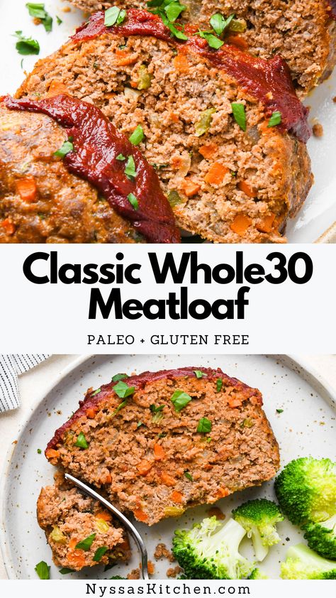 This classic Whole30 meatloaf is the ultimate healthy comfort food! Made with all the traditional meatloaf ingredients but without the dairy, gluten, and sugar. An easy recipe that makes delicious leftovers - kid friendly and perfect for the whole family! Whole30, paleo, gluten free, dairy free, grain free. Whole 30 Meatloaf, Meatloaf Without Breadcrumbs, Whole30 Meatloaf, Paleo Meatloaf, Gluten Free Meatloaf, Healthy Meatloaf, Traditional Meatloaf, Meatloaf Ingredients, Whole30 Dinner Recipes