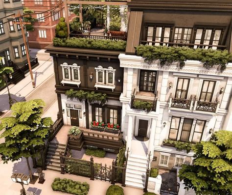 Sims 4 English Townhouse, English House Sims 4, Sims 4 Brownstone Build, Pretty Home Exterior, Sims 4 Townhouse Interior, Sims 4 London Townhouse, Sims 4 Row House, Sims 4 European House, Sims 4 Mall Builds