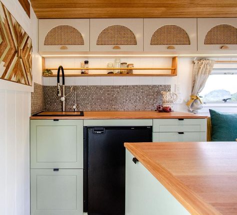 Incredible Camper Van Home Ideas – Forbes Home Van Home Ideas, Camper Kitchen Remodel, Vintage Trailer Remodel, Camper Van Kitchen, Van Kitchen, Camper Kitchen, Bus Interior, Penny Round Tiles, Two Tone Kitchen