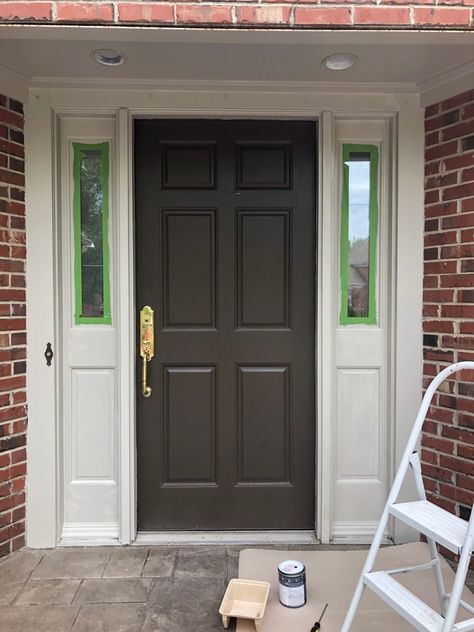 Taupe Front Door Brick House, Painted Entry Doors, Satin Vs Semi Gloss Front Door, Dark Brown Painted Front Door, Brown Exterior Door Paint Colors, Painting Front Door With Sidelights, Painted Brown Front Door, Painting Front Doors Ideas, Dark Brown Front Door Paint