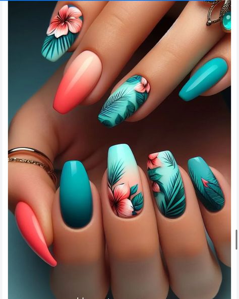 Summer Nail Art Designs 2024, Tropical Nails Design, Luau Nails, Spirit Nails, Hawaiian Nails, Nail Inspired, Vacation Nails Beach, Sunflower Nail Art, Chrome Designs