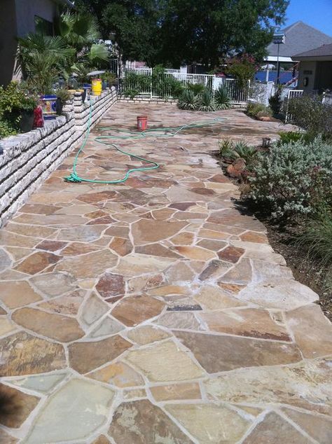 Concrete And Flagstone Patio, Front Flagstone Patio, Limestone Flagstone Patio, Backyard Flagstone Patio Designs, Flagstone Patio Design, Garden Renovation Ideas, Stone Patio Designs, Garden Renovation, Flagstone Walkway