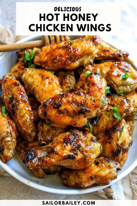 Delicious, perfectly cooked Hot Honey Chicken Wings slathered in an addictive hot honey sauce you will love. Grill, bake or air fry! via @sailor_bailey Mikes Hot Honey Appetizers, Hot Honey Garlic Wings, Healthy Chicken Wings In Air Fryer, Grilled Chicken Wing Recipes, Hot Honey Wings Recipes, Chicken Wing Sauce Ideas, Recipes Using Hot Honey, Lunch Subs, Healthy Chicken Wing Recipes