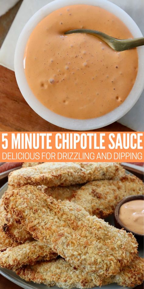 chipotle sauce in a small bowl with spoon and in a small bowl next to chicken strips on a plate Chipotle Ranch Dipping Sauce, Chicken Taquitos Dipping Sauce, Taco Dipping Sauce Recipe, Taco Bell Creamy Chipotle Sauce, Dipping Sauce For Taquitos, Taquito Dipping Sauce, Taquitos Dipping Sauce, Chicken Wrap Sauce, Chicken Taco Sauce