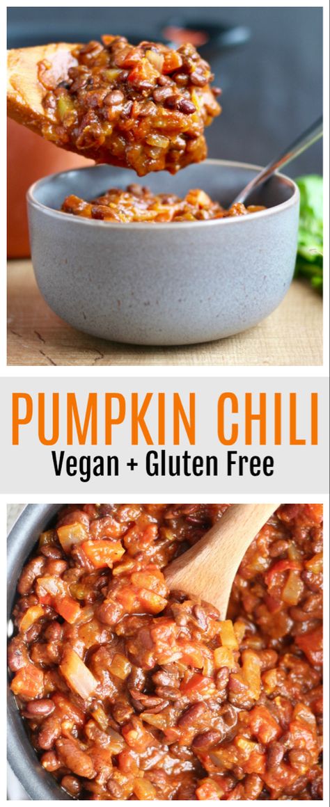 Chili Recipe Vegan, Vegetarian Pumpkin Chili, Pumpkin Chilli, Quick Gluten Free Meals, Comforting Meals, Pumpkin Chili Recipe, Recipes Protein, Fall Vegan Recipes, Traditional Chili