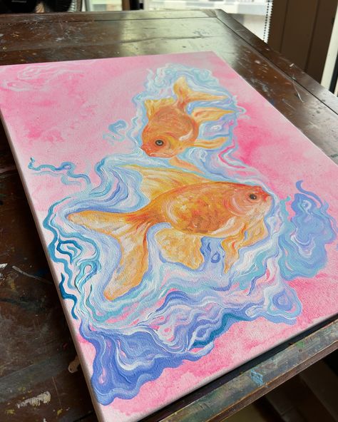 Swipe to unpaint the fishies 👉🏼 This was my first time properly painting goldfish using acrylic, before I’d only ever painted them with watercolors. And let me just say I liked using acrylic soooo much more (also I’m resisting the urge to name this one “Us as Fish II,” please give me name suggestions 😂) Painted Goldfish, Goldfish Painting, Resisting The Urge, Name Suggestions, Painting Inspo, Canvas Ideas, Painting Art Projects, Goldfish, Painting Art