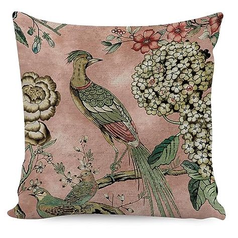 ArogGeld Blush Cushion Cover Chinoiserie Pillow Animal Vintage Bird Flower Asian Throw Pillow Covers Double Side Farmhouse Accent Home Decorative Toss for Living Room Sofa White Linen 18Inch Chinoiserie Farmhouse, Blush Pink Cushions, Chinoiserie Pillow Covers, Blush Cushions, Chinoiserie Pillow, Peacock Pillow, Pink Cushion Covers, Anthropologie Home, Pink Throw Pillows