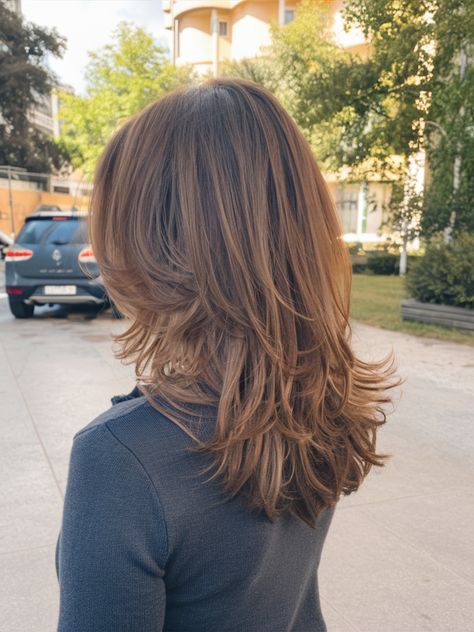 30 Trending Medium Layered Haircuts 2025: Styles for Thick, Wavy & Fine Hair Tapered Layers Medium Hair, Medium Thick Haircut, Bangs And Side Bangs, Haircut For Thick Straight Hair, Wavy Fine Hair, Cherry Brown Hair, Lesbian Haircut, Wavy Layered Hair, Thick Hair Cuts