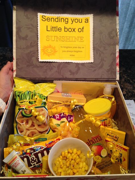 My version of a box of sunshine. Great gift to lift someone's spirits. Sunshine Box, Basket Gift Ideas, Boyfriend Gift Basket, Box Of Sunshine, Bff Birthday Gift, Package Ideas, Diy Gift Baskets, Creative Gifts For Boyfriend