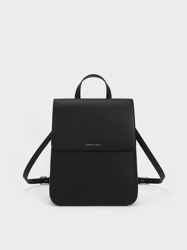 Noir Front Flap Structured Backpack | CHARLES & KEITH Charles And Keith Backpack, 30th Outfit, Aesthetic Bags For School, Uni Backpack, Expensive Backpacks, Elegant Backpack, Charles And Keith Bags, Ultra Minimalist, Elegant Backpacks