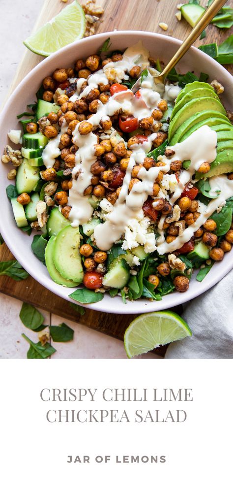 Chili lime chickpea salad in a white bowl. Crispy Chili Lime Chickpea Salad, Lemon Chickpea Salad, Toasted Chickpea Salad, Vegan College Recipes, Vegan Lime Recipes, Crispy Chickpea Salad, Crispy Roasted Chickpeas, Roasted Chickpea Salad, Crispy Chickpea