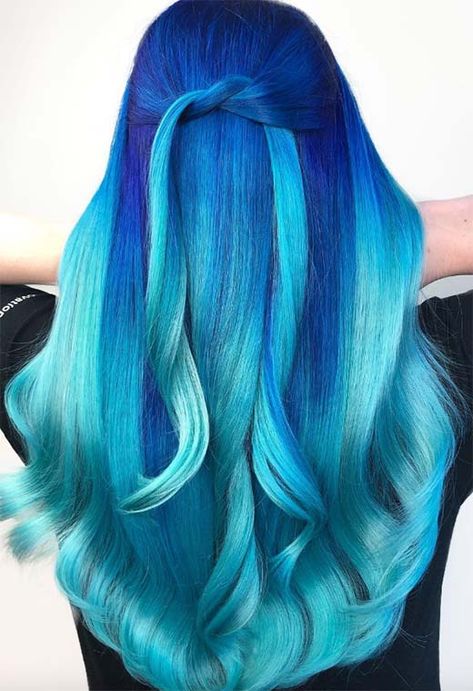 65 Iridescent Blue Hair Color Shades & Blue Hair Dye Tips - Glowsly Blue And Green Hair, Dyed Tips, Hair Dye Tips, Dyed Hair Blue, Blue Ombre Hair, Cute Hair Colors, Hair Color Crazy, Long Hair Color, Beautiful Hair Color