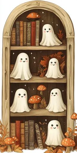 ↑↑↑ Larger size on website 🔸 The image depicts a wooden bookshelf with an arched top. It is filled with books, mushrooms, autumn Fall Book Backgrounds, Halloween Bookshelf Wallpaper, Gnome Fall Wallpaper, Fall Mushrooms Wallpaper, Autumn Gnomes Wallpaper, Friendly Ghost, Fall Wallpaper, Spooky Halloween, Bookshelves