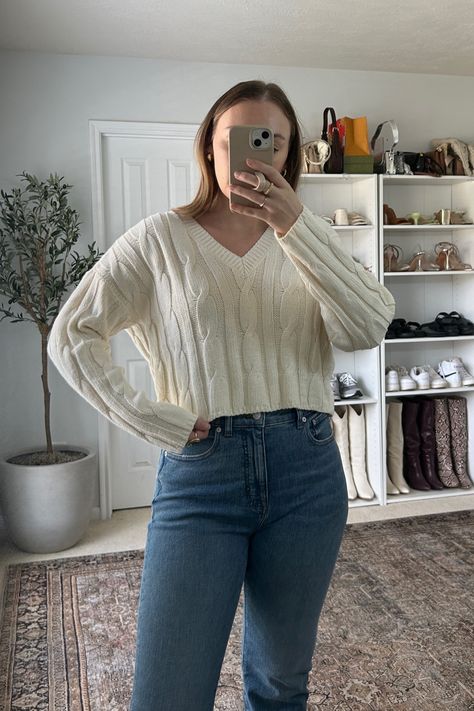 Cable-Knit V-Neck Crop Sweater curated on LTK Vneck Sweater Outfit, Cropped Sweater Outfit, Sweater Outfit, Sweater Crop, Unique Clothing, Crop Sweater, Neutral Fashion, Pinterest Girls, Unique Outfits