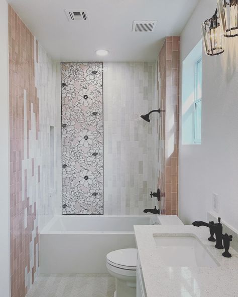 For a floral, feminine touch in this bathroom @edesignhomelv uses our Botanicals collection porcelain tile in Blush Peony. Charming and whimsical. #walkerzanger #walltile https://bit.ly/3dlll29 Floral Tile Bathroom, Walker Zanger Tile, Statement Walls, Blush Peony, Wooden Beams Ceiling, Walker Zanger, Floral Tile, Elegant Tiles, Floral Bathroom