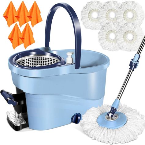 The mop bucket has a 2-in-1 design, which is divided into a washing side and a drying side, with cleaning device on both sides. Attach the mop to the cleaning device, open the locking button on the handle, pull the mop up and down a few times to quickly clean or dry the mop. The mop bucket has a foot pedal on the side so you can dry the mop quickly, which saves time and effort. Ideal for home and commercial use. Hardwood Tile Floor, Mop And Bucket, Push Broom, Cleaning Games, Cleaning Buckets, Detergent Dispenser, Spin Mop, Broom And Dustpan, Cleaning Mops