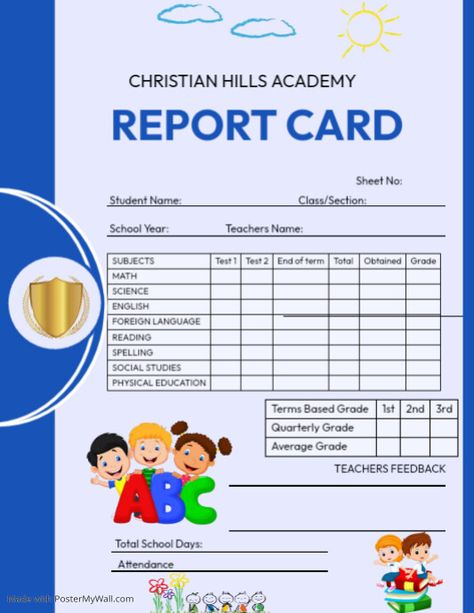 Blue School Report Card Template School Report Card Design, School Report Card Template, Exam Wishes Good Luck, Good Thoughts In English, Exam Wishes, Report Comments, School Report Card, Progress Report Template, Linkedin Background Image