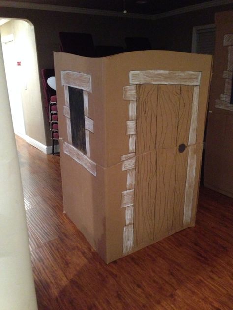 Town of Bethlehem Nativity Props Diy, Bethlehem Inn Stage Prop, Cardboard Bethlehem Scene, Nativity Stage Design, Cardboard Nativity Scene Diy, Bethlehem Decorations, Cardboard House Ideas, Nativity Props, Bethlehem Inn