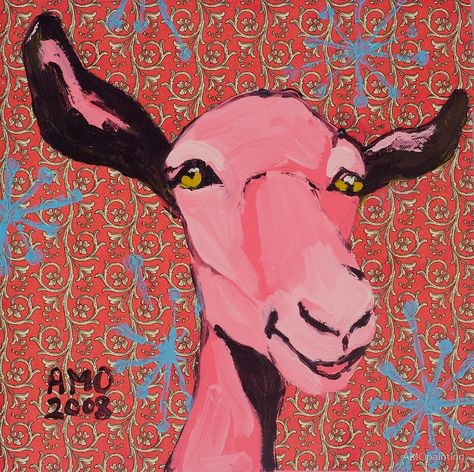 Festive Pink Goat by AMOpainting Funny Moose, Goat Art, Cute Goats, Goat Farming, Scandinavian Folk Art, Amazing Art Painting, Funny Art, Whimsical Art, Farm Animals