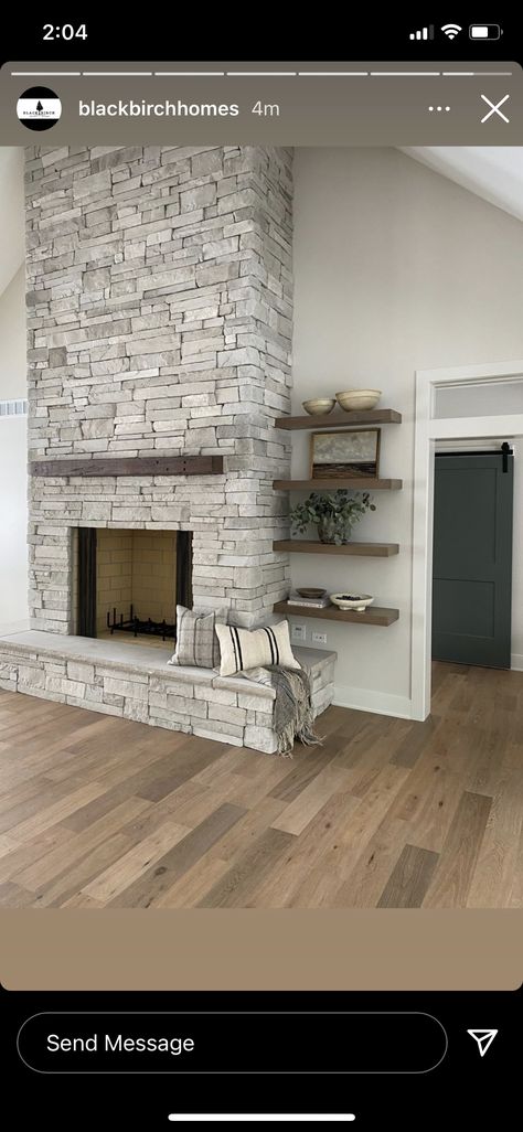 Transitional Stone Fireplace Ideas, Fireplace On Big Wall, Light Stacked Stone Fireplace, Great Room With Stone Fireplace, Stacking Stone Fireplace, Fireplace Stone Ideas Modern, Fireplace With Platform, Rock Veneer Fireplace, Elongated Fireplace Ideas