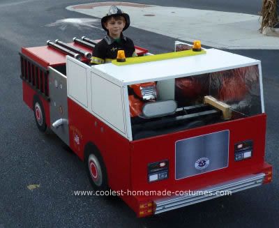 Homemade Fire Truck for Fire Fighter Costume: My son got a battery-powered 4 wheeler for his birthday last year, so this Halloween we decided to turn it into a fire truck so he could drive it in our Fire Fighter Costume, Stroller Costume, Monster Truck Bed, Fire Truck Room, Fighter Costume, Fire Pics, Dump Truck Birthday Party, Dump Truck Birthday, Cool Truck Accessories