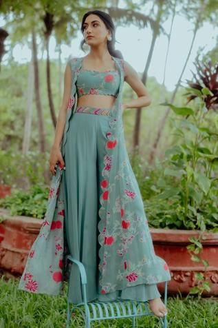 Shop for Paulmi and Harsh Blue Georgette Floral Print Jacket Palazzo Set for Women Online at Aza Fashions Trendy Outfits Indian, 1950’s Fashion, Floral Print Jacket, Lehenga Designs Simple, Crop Top Designs, Embroidered Crop Tops, Indian Dresses Traditional, Palazzo Set, Dupatta Set