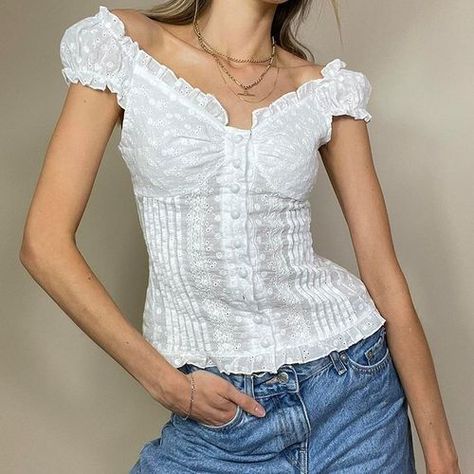 Sosana - Short Sleeve Ruffled-Trim Floral Embroidered Button Up Slim-Fit Top | YesStyle White Corset Top, Fitted Blouse, White Corset, Pleat Top, French Girls, Blouse Tops, Lace Crop Tops, Summer Fabrics, Shorts With Tights