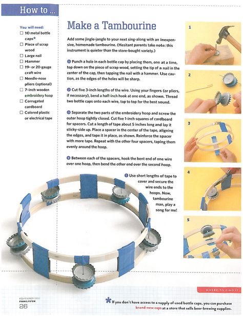 DIY Tambourine! Use bottle caps or bells Making Instruments, Music Instruments Diy, Instrument Craft, Homemade Musical Instruments, Making Musical Instruments, Happy Learning, Homemade Instruments, Music Camp, Footprint Crafts