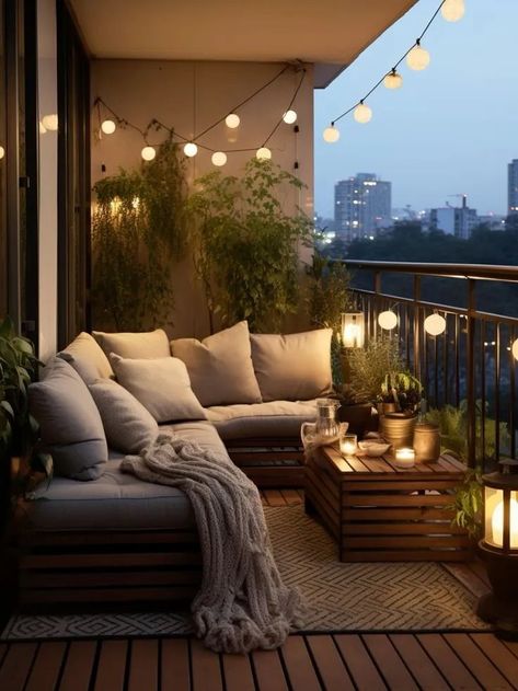 High Balcony Ideas, Outdoor Balcony Inspiration, Terrace Apartment Ideas, Living Room With Balcony Ideas, Outdoor Seating Balcony, Outdoor Patio Balcony Ideas, Long Balcony Decor, Apartment Balcony Lighting Ideas, Led Lights Balcony